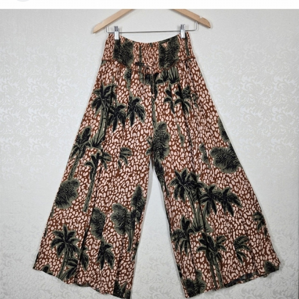 Wide Leg Tropical Print Palazzo Pants - Brown Green